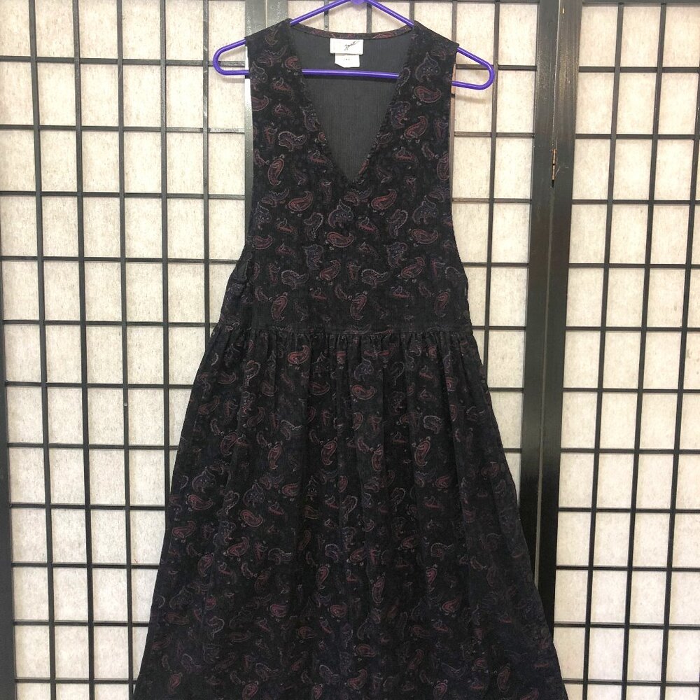 Vintage 80s Black Corduroy Jumper Dress Pink Paisley print Small/Med fun cute B2